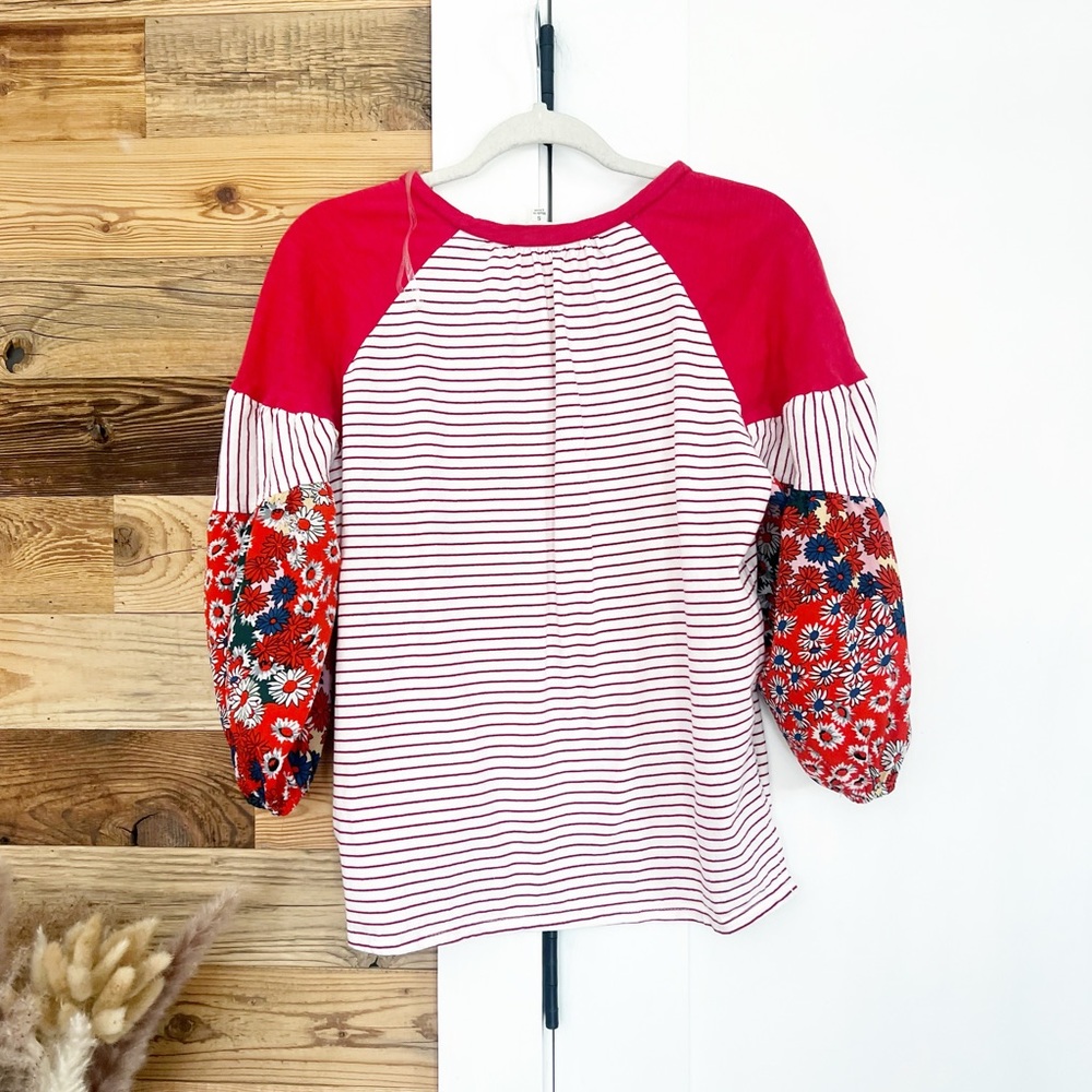 Umgee Cottagecore Patchwork Mixed Striped Floral Balloon Sleeve Top - Picture 6 of 6